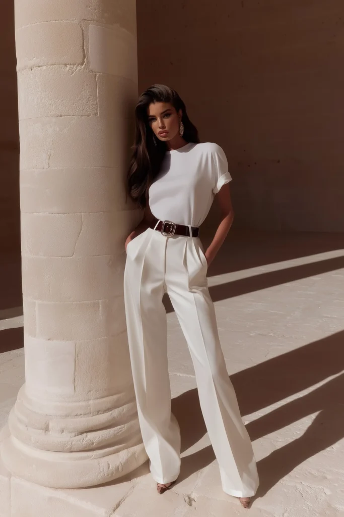 Chic old money white spring outfits displaying relaxed white t-shirt and flowing wide-leg pants, cinched with black leather belt for effortless luxury spring styling.