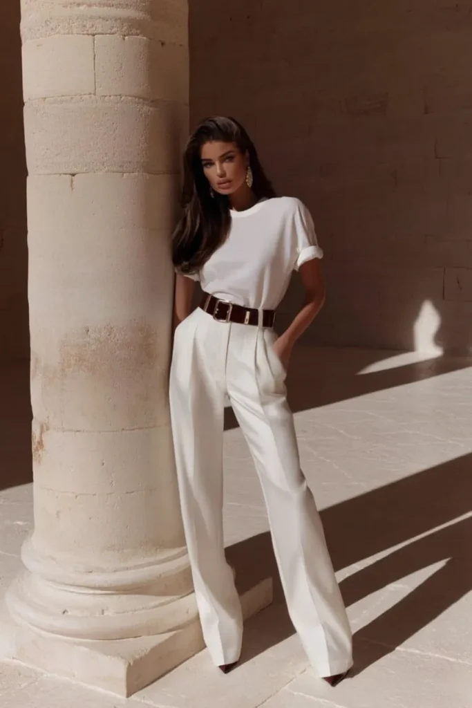 Chic old money white spring outfits displaying relaxed white t-shirt and flowing wide-leg pants, cinched with black leather belt for effortless luxury spring styling.