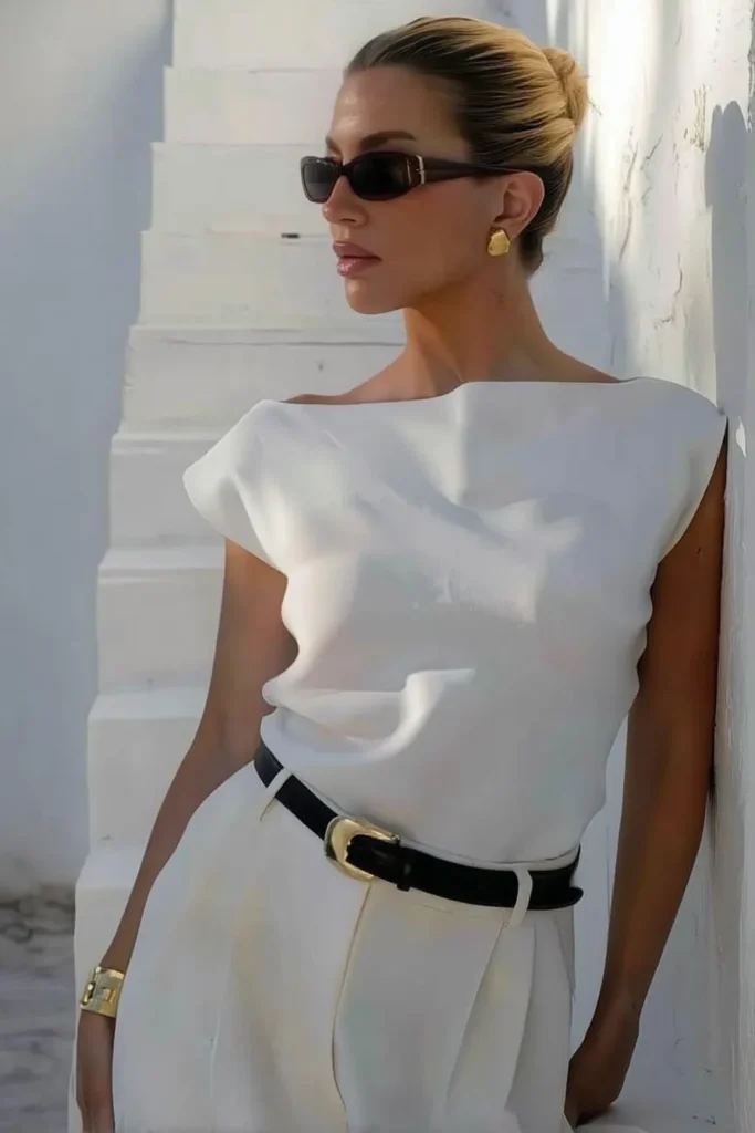 Chic spring summer outfits, white top and cream tailored pants with white belt, complete with bold gold jewelry and sunglasses for effortless European style