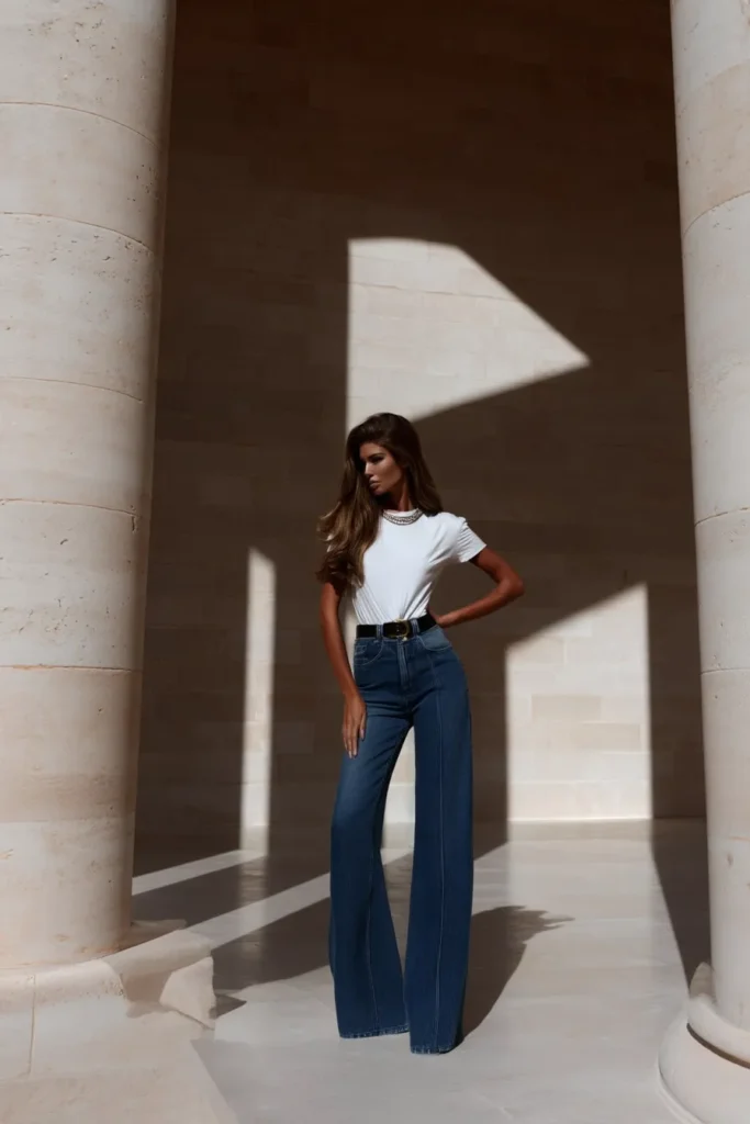 Chic trendy white spring outfits, crisp white t-shirt and relaxed fit blue wide-leg jeans, complete with leather belt accent for effortless old money style
