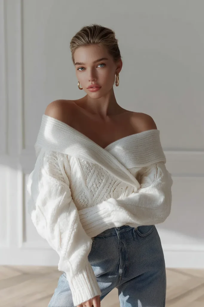 Chic white warm spring outfits, white textured sweater with off-shoulder neckline and medium blue high-waisted jeans, complete with gold hoops for effortless layered style