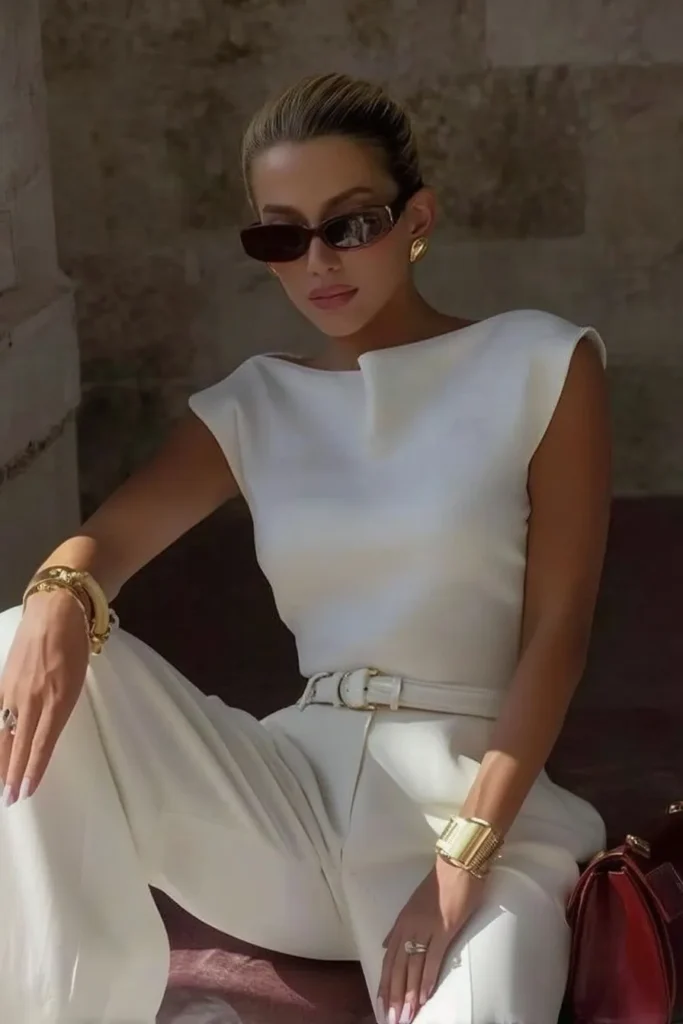 Elegant spring summer outfits, tailored white top and cream palazzo pants with designer belt, styled with gold jewelry for timeless European vacation look