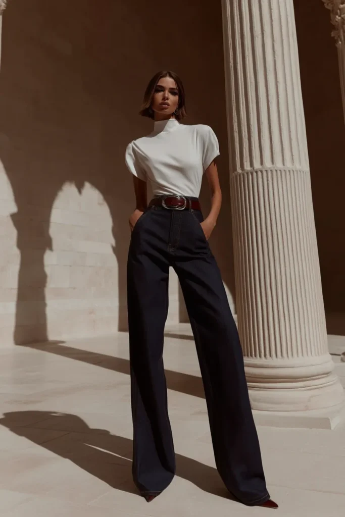 Elegant trendy white spring outfits showcasing silky white top with statement sleeves and high-waisted black jeans, accessorized with belt for minimalist spring styling inspiration