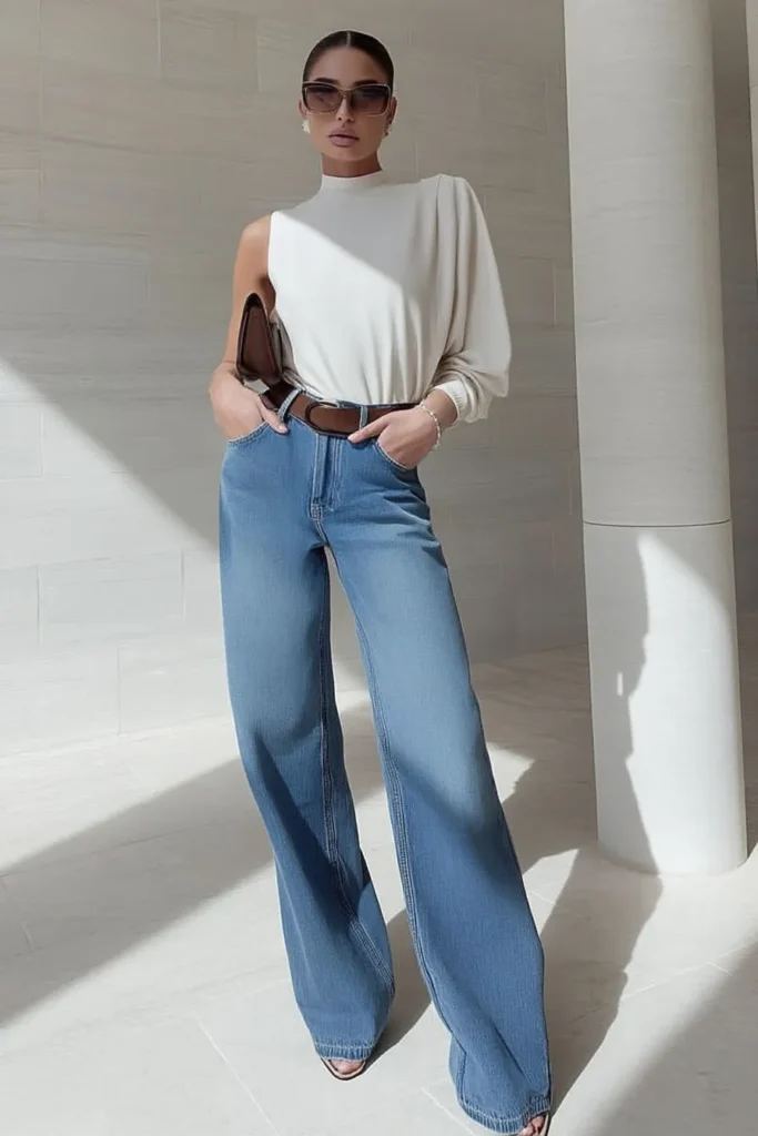 Elegant white cute spring outfits, white top and medium wash denim wide-leg pants cinched with brown belt, styled with handbag and oversized sunglasses for sophisticated casual aesthetic