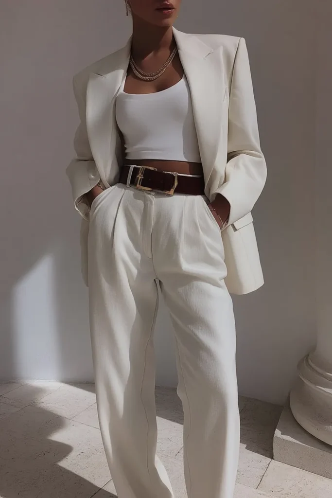 Elegant white spring outfits, oversized white blazer with structured shoulders with white ribbed crop top and high-waisted pleated trousers, accessorized with brown leather belt and gold necklace.