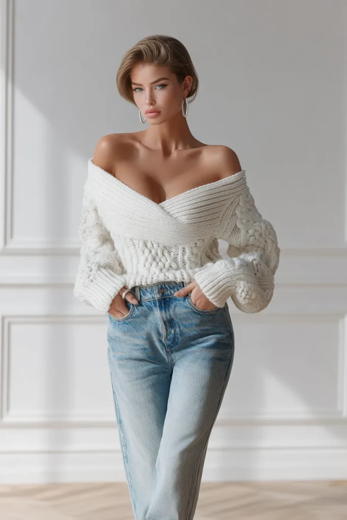 Elegant white warm spring outfits, chunky knit off-the-shoulder sweater and blue denim jeans, styled with classic gold jewelry for a sophisticated casual aesthetic