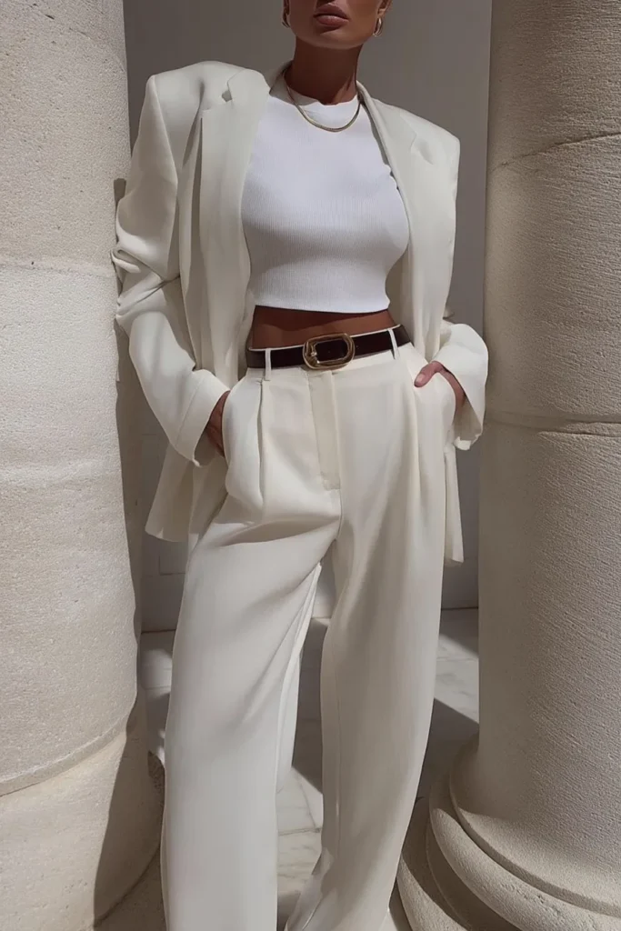 Sophisticated elegant white spring outfits tailored white suit ensemble with white bandeau top and statement brown belt, complemented by chunky gold jewelry for modern minimalist luxury styling