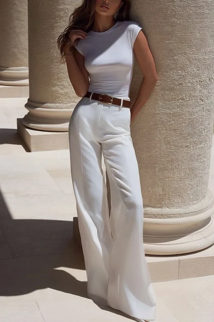 Sophisticated old money white spring outfits showcasing monochrome ensemble with pleated wide-leg pants and classic tee, accessorized with statement gold earrings for refined daytime style