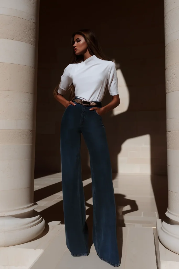 Sophisticated trendy white spring outfits, white shirt and flared dark blue denim trousers with brown belt detail, for timeless European aesthetic