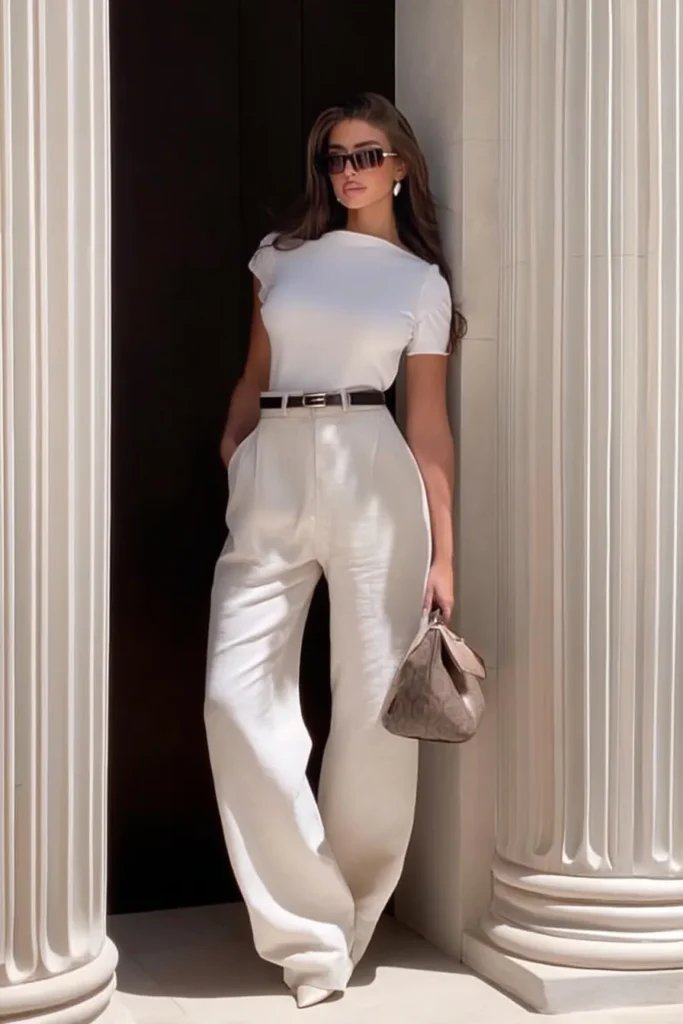 Sophisticated white spring outfits aesthetic, white top and ivory palazzo pants with brown leather belt detail, accessorized with cream bag and gold hoop earrings and sunglasses