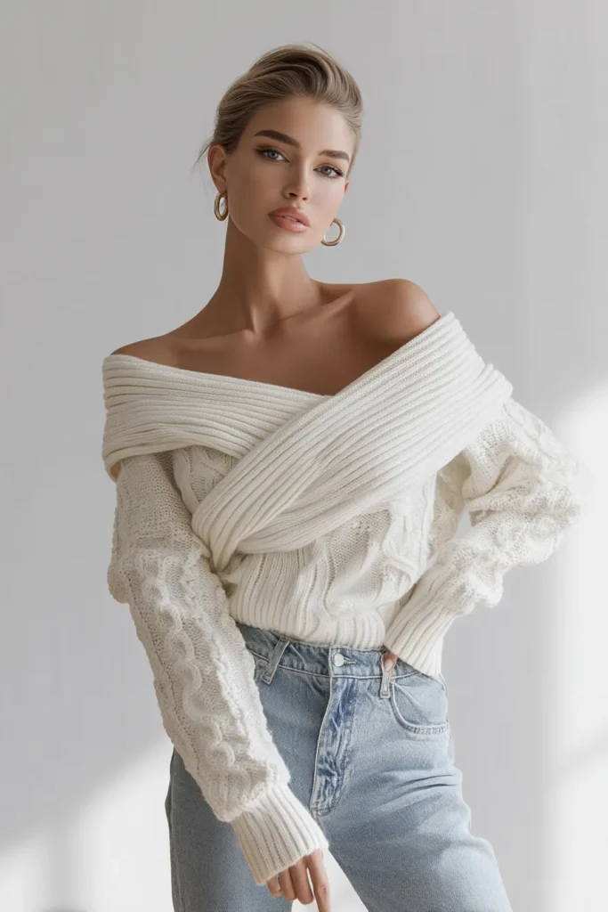 Sophisticated white warm spring outfits, oversized cable knit cardigan worn off shoulders with vintage-inspired blue jeans, accessorized with gold earrings for timeless look