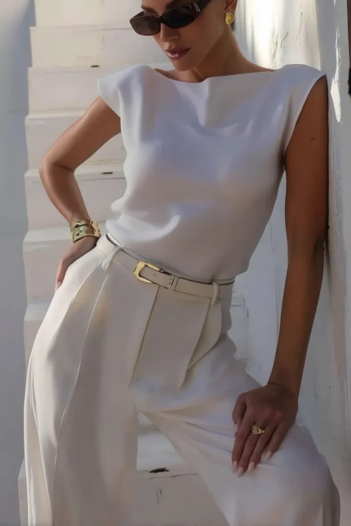 Spring summer outfits, white sleeveless top with cream wide-leg trousers, accessorized with white leather belt, gold bracelet and tortoiseshell sunglasses for sophisticated resort style.