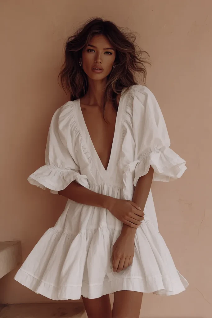 Timeless white spring dress outfits, flowing mini dress with layered ruffle sleeves, complemented by sun-kissed makeup and textured hair for fresh seasonal look
