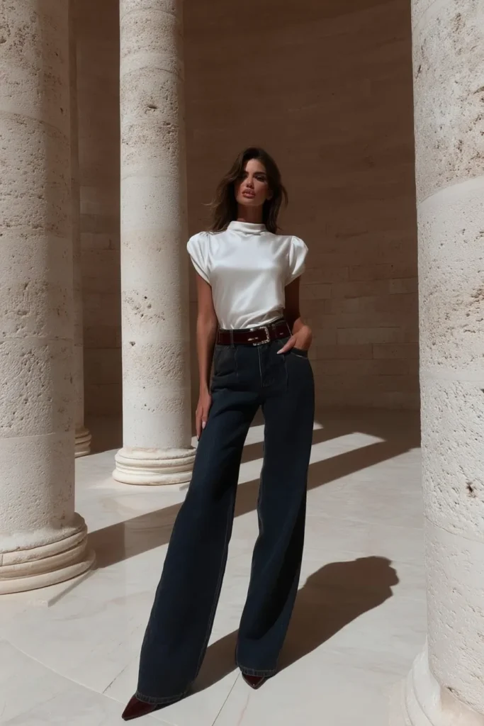 Trendy white spring outfits featuring luxe ivory satin blouse with padded shoulders paired with dark denim wide-leg jeans and brown leather belt, for sophisticated casual elegance