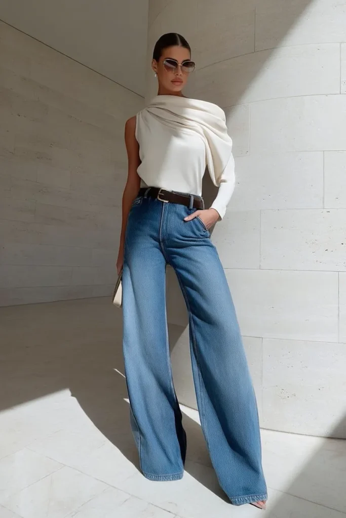 White cute spring outfits, asymmetric one-shoulder top with high-waisted wide-leg blue jeans, accessorized with brown leather belt, beige clutch and tortoiseshell sunglasses for chic style.