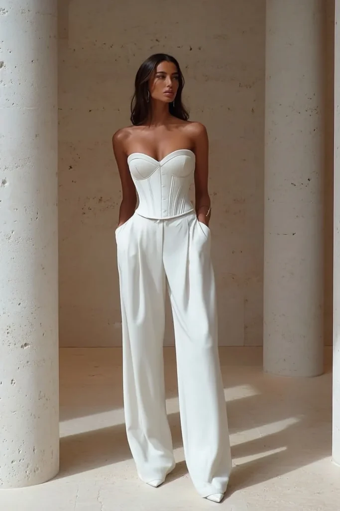 White spring fashion outfits, structured strapless corset top with high-waisted wide-leg trousers and pointed toe heels, for sophisticated evening elegance