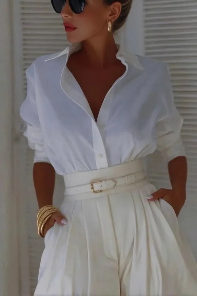 White spring outfits women, crisp white button shirt, with high-waisted white trousers and belt, accessorized with gold bangles, hoop earrings and black sunglasses for elegant monochrome style.