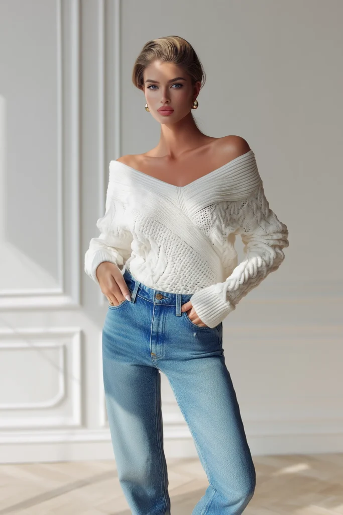 White warm spring outfits, off-shoulder cable knit sweater with textured wrap design with high-waisted medium wash jeans, accessorized with gold hoop earrings for cozy romantic style