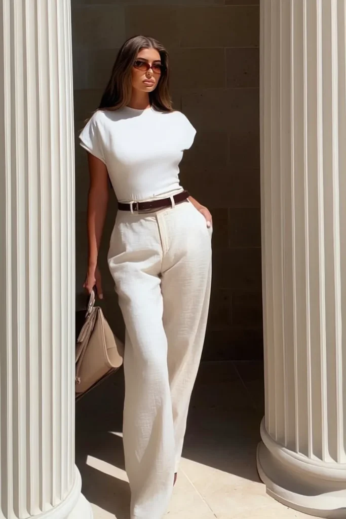 Chic spring outfits aesthetic, asymmetrical white draped top and beige wide-leg trousers with brown belt, and woven shoulder bag and sunglasses for effortless old money aesthetic