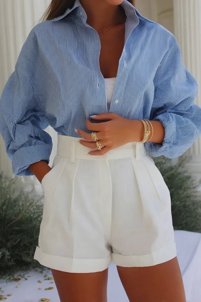 Blue casual spring outfits relaxed blue striped shirt with tailored white shorts and gold rings belt, in architectural setting for polished warm weather inspiration