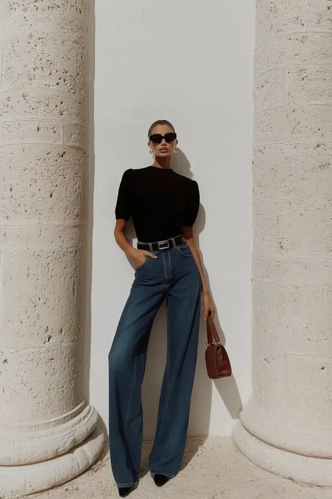 Blue spring outfits aesthetic, high-waisted wide-leg jeans  with black top and leather belt, accessorized with brown  handbag and oversized sunglasses for sophisticated minimalist style