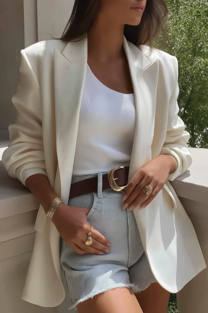 Blue spring outfits women, light blue denim shorts  with oversized ivory blazer and white  tank top, accessorized with brown leather belt and  gold jewelry for sophisticated casual style