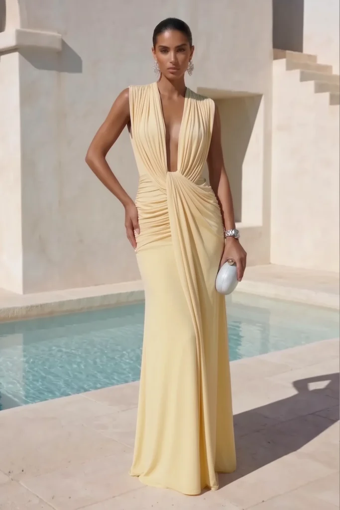 Butter yellow beach wedding guest dress, sleeveless  V-neckline and fitted floor-length silhouette, accessorized with crystal chandelier earrings and  clutch for sophisticated coastal elegance