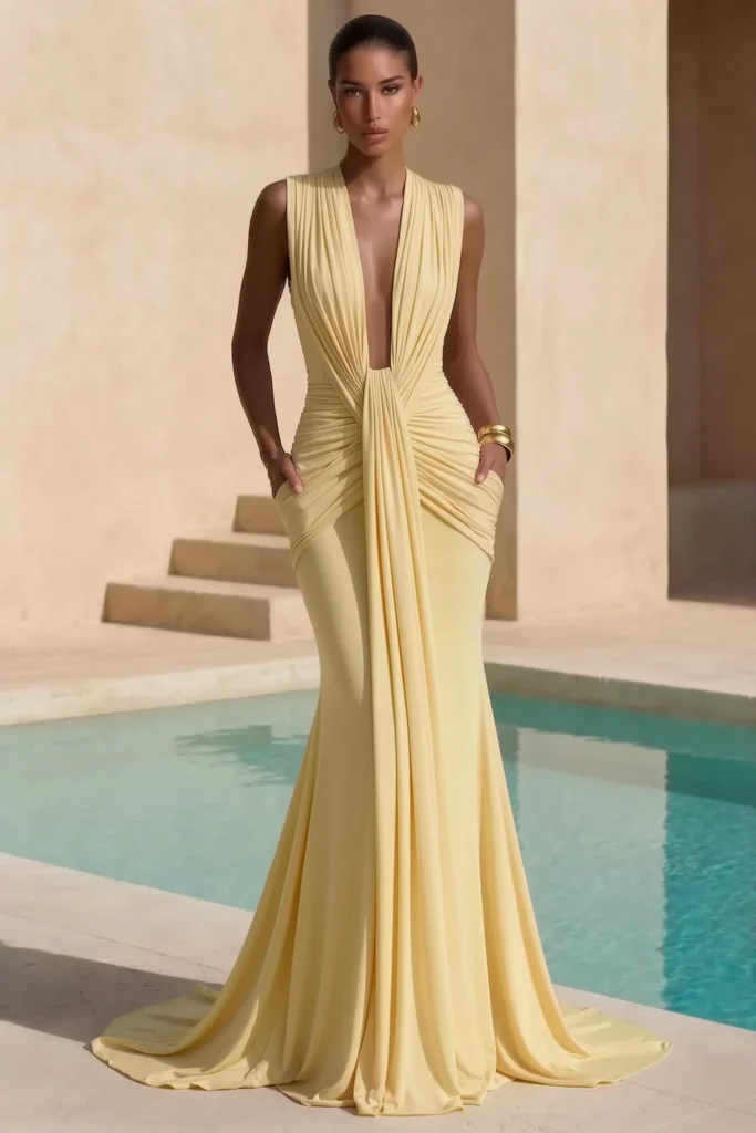 Butter yellow beach wedding guest dress, sleeveless  V-neckline with  draped bodice and flowing mermaid skirt, accessorized with gold  bracelet and hoop earrings for glamorous  elegance