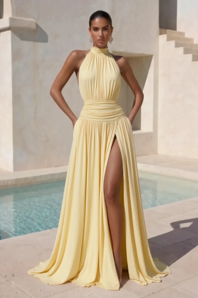 Butter yellow classy wedding guest dress, halter neck with high neckline, ruched waist detail and flowing floor-length skirt, with silver chandelier earrings for sophisticated formal elegance