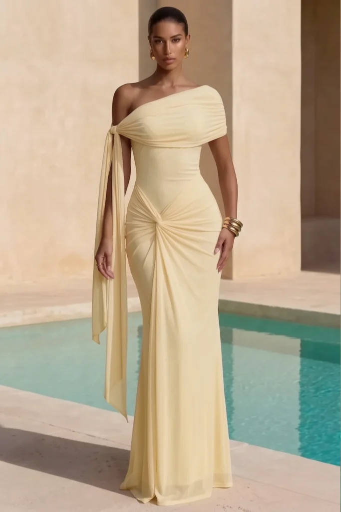 If you want a butter yellow classy wedding guest dress that feels both simple and stunning, this is it. The clean lines and draped waist detail create a flattering silhouette that works beautifully for any wedding setting. Style with nude heels, a chic clutch, and soft waves for an easy, polished look. Click through for more effortlessly elegant outfit ideas.