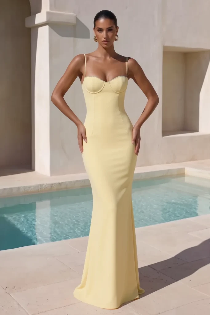 Butter yellow cocktail wedding guest dress featuring fitted spaghetti strap gown with sweetheart neckline, accessorized with gold hoop earrings for sophisticated formal poolside elegance