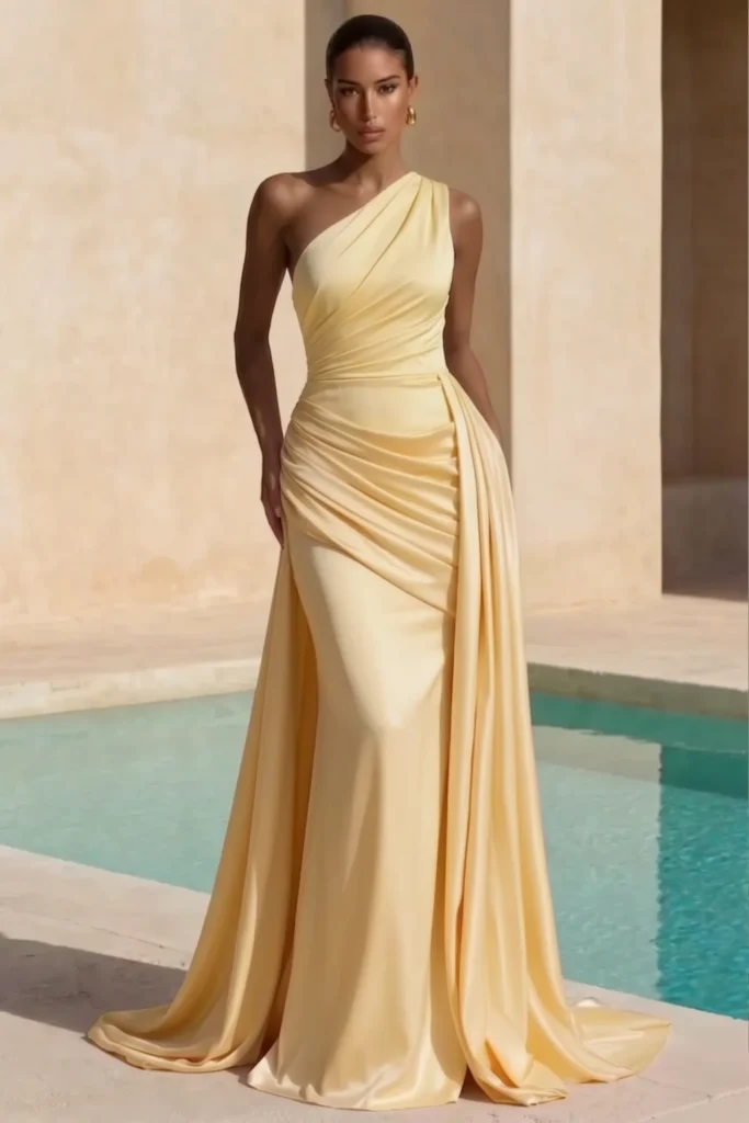 Butter yellow elegant wedding guest dress, one-shoulder draped silhouette and floor-length skirt with side draping panel, accessorized with gold hoop earrings for sophisticated formal elegance