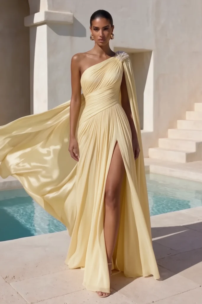 Butter yellow formal wedding guest dress, one-shoulder with pearl and crystal  detail, ruched bodice and flowing maxi skirt, accessorized with gold hoop earrings for glamorous occasion style