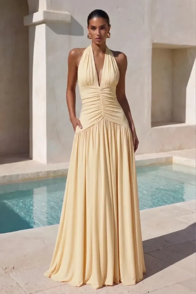 Butter yellow garden wedding guest dress, halter neck with V-neckline,  fitted bodice and flowing floor-length skirt, accessorized with gold earrings for elegant outdoor wedding style