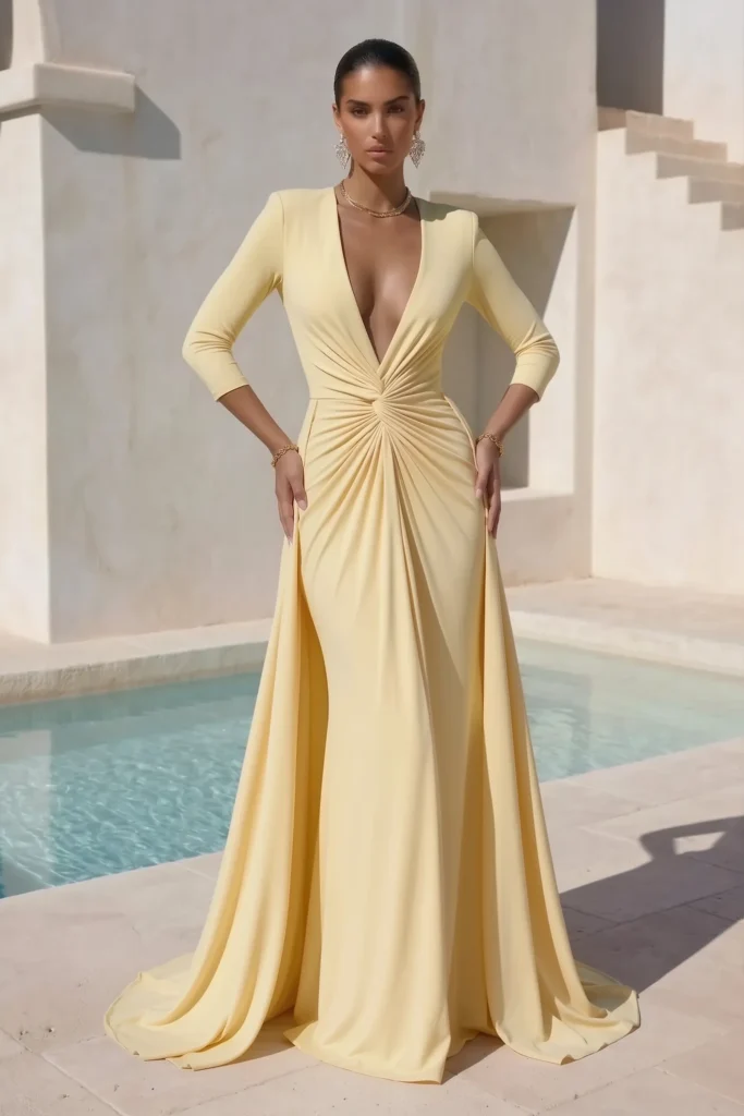 Butter yellow long sleeve wedding guest dress,  V-neckline and flowing floor-length A-line skirt, accessorized with gold  necklace, chandelier earrings and gold bracelets for glamorous formal elegance