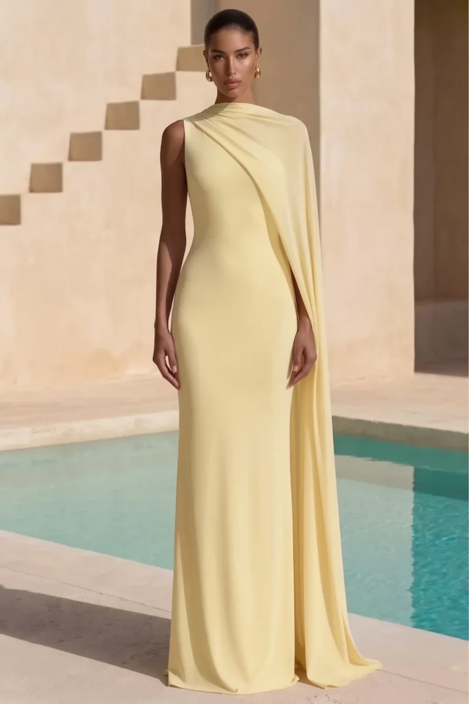 Butter yellow pastel wedding guest dress, high neckline with  one-shoulder cape detail and floor-length column silhouette, accessorized with gold hoop earrings for sophisticated formal elegance