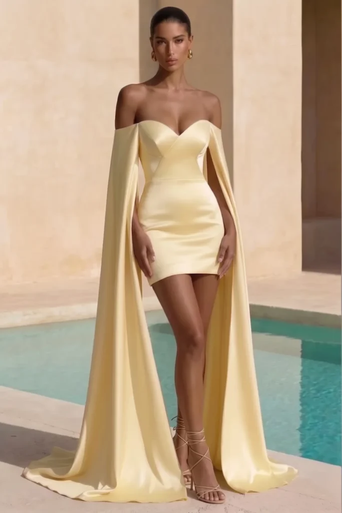 Butter yellow short wedding guest dress, strapless sweetheart neckline mini dress with  floor-length cape sleeves, accessorized with gold hoop earrings and  strappy heels for glamorous formal style