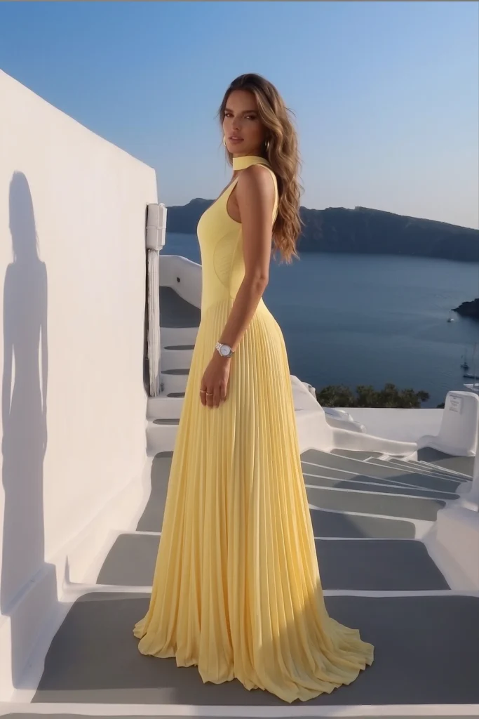 Butter yellow spring wedding guest dress, scoop neck top, choker, cut-out detail, and a voluminous pleated maxi skirt, worn on iconic white Santorini steps
