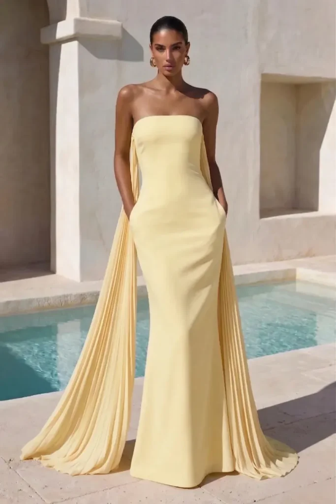 Butter yellow summer wedding guest dress, strapless fitted silhouette with  floor-length pleated cape sleeves, accessorized with gold statement  earrings for sophisticated formal elegance