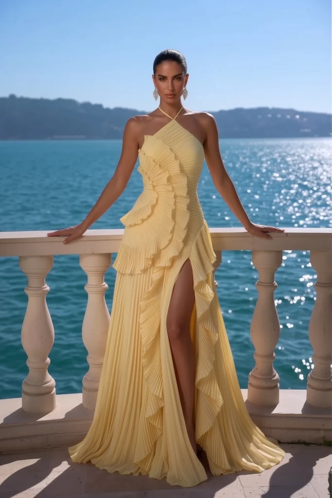 Butter yellow trendy wedding guest dress, halter neckline, tiered ruffle details and floor-length pleated skirt, accessorized with crystal chandelier earrings for glamorous formal style