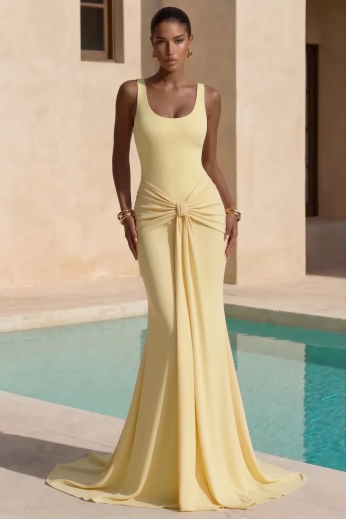 Butter yellow tropical wedding guest dress, sleeveless scoop neck with knot detail at waist and flowing floor-length mermaid skirt, accessorized with gold hoop earrings for elegant  style