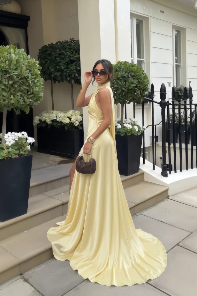Butter yellow wedding guest dress stunning satin halter neck maxi gown with a flowing cape, glamorous and elegant train, with sunglasses, a chic bag breathtakingly elegant wedding fashion