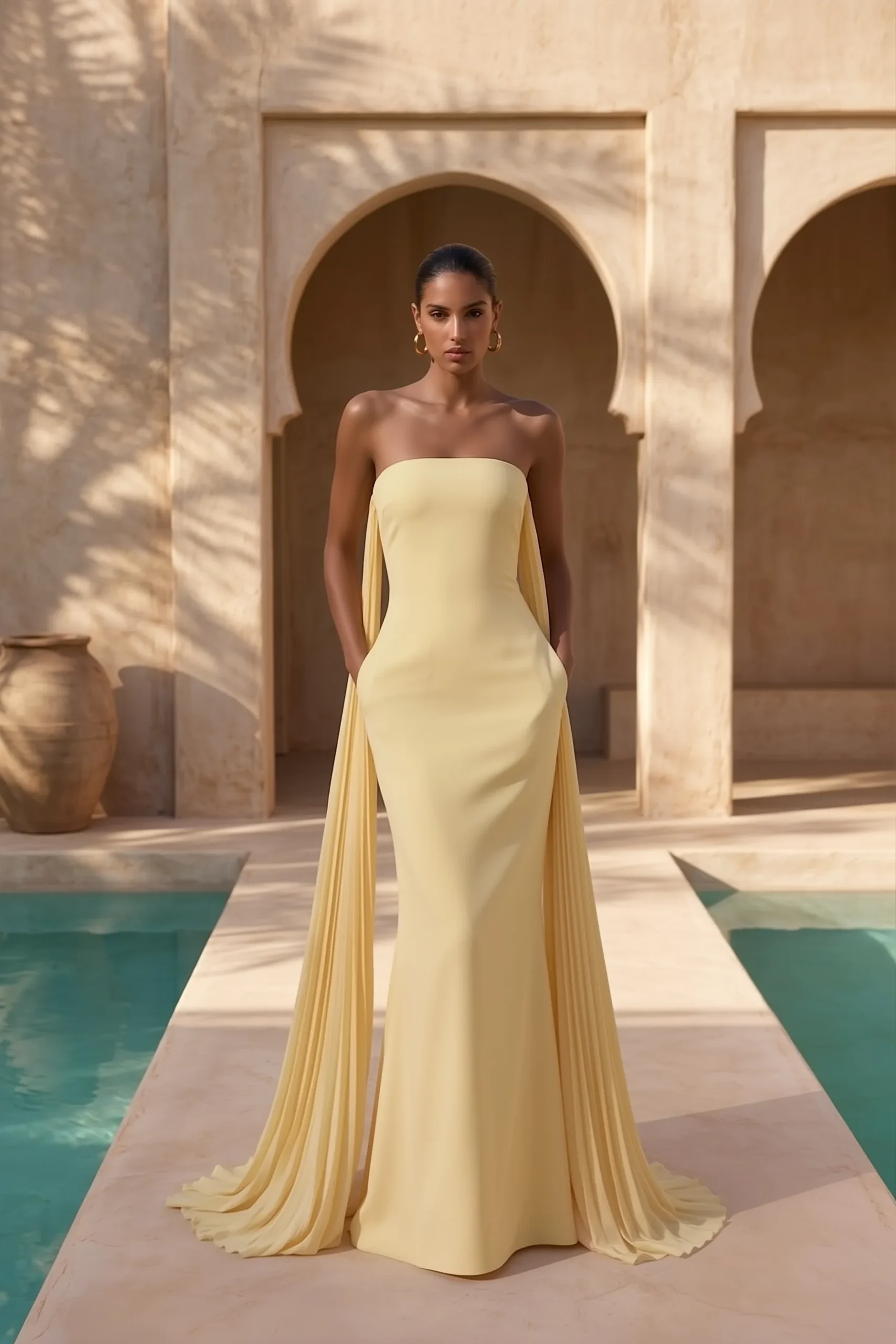 Chic butter yellow summer wedding guest dress, strapless straight gown with sculptural pleated cape detail, accessorized with statement gold earrings for polished luxury wedding look