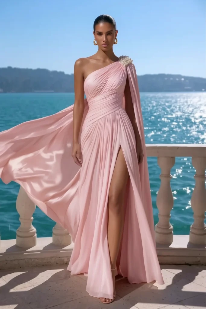 Chic light pink formal wedding guest dress, Grecian-inspired one-shoulder style with embellished shoulder detail, draped bodice and maxi skirt, complete with gold jewelry for formal look