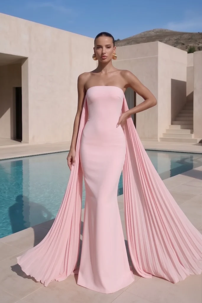 Chic light pink summer wedding guest dress displaying strapless straight-cut gown with sculptural pleated cape detail, accessorized with statement gold earrings for polished luxury wedding look