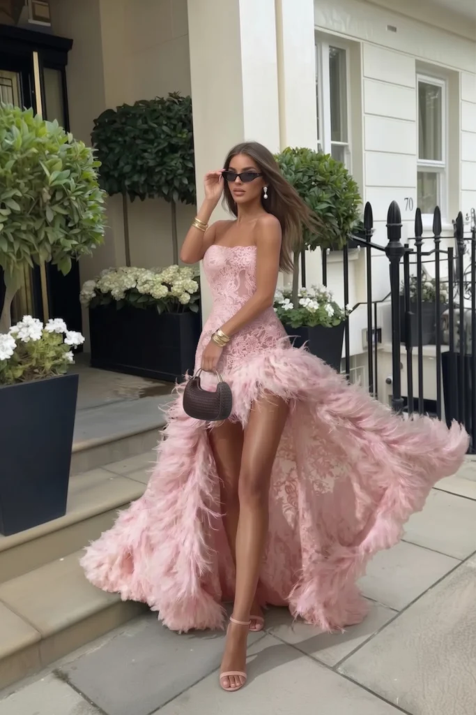 Chic light pink trendy wedding guest dress, halter neckline, cascading ruffle panels and pleated maxi skirt, accessorized with sunglasses, and textured bag for luxury wedding look