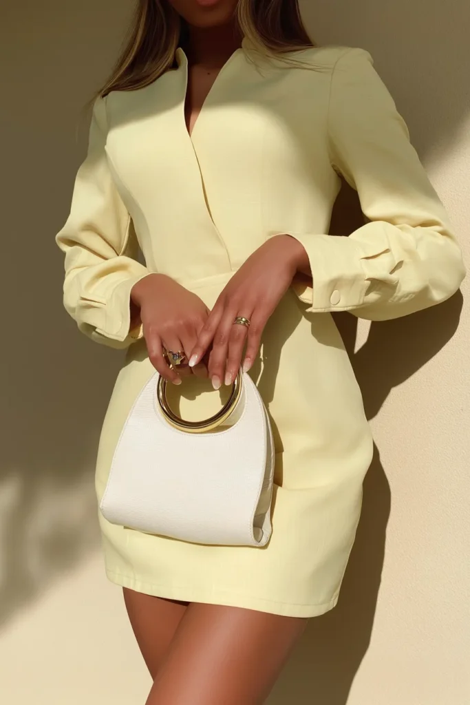 Classy lemon spring outfits, pastel yellow blazer dress with V-neckline, accessorized with white textured handbag, gold statement rings and white manicure for sophisticated look
