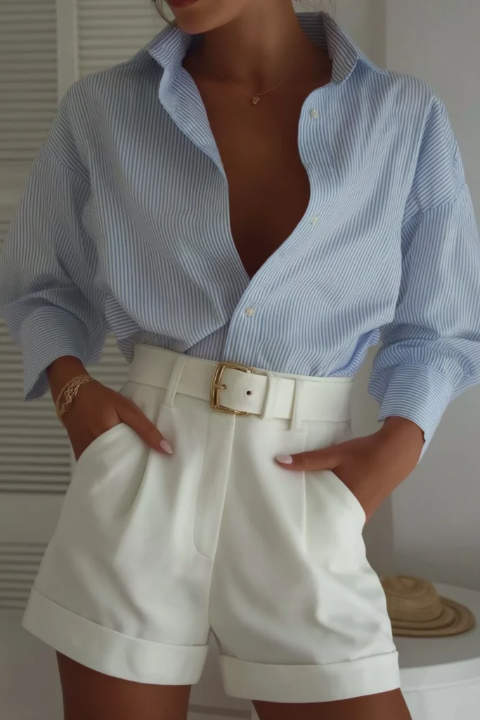 Elegant blue casual spring outfits, relaxed fit pinstripe button-down and white high-waisted shorts cinched with white belt, for sophisticated everyday aesthetic
