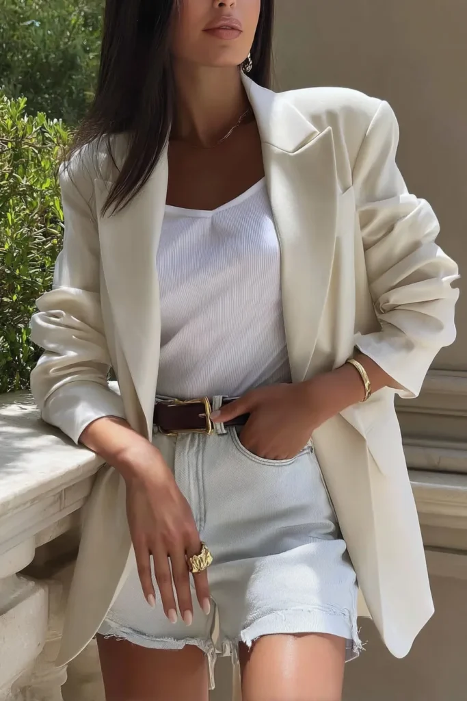 Elegant blue spring outfits women, pale blue jean shorts with cream tailored blazer and white knit camisole, styled with gold statement rings, cuff bracelet and brown belt for refined aesthetic