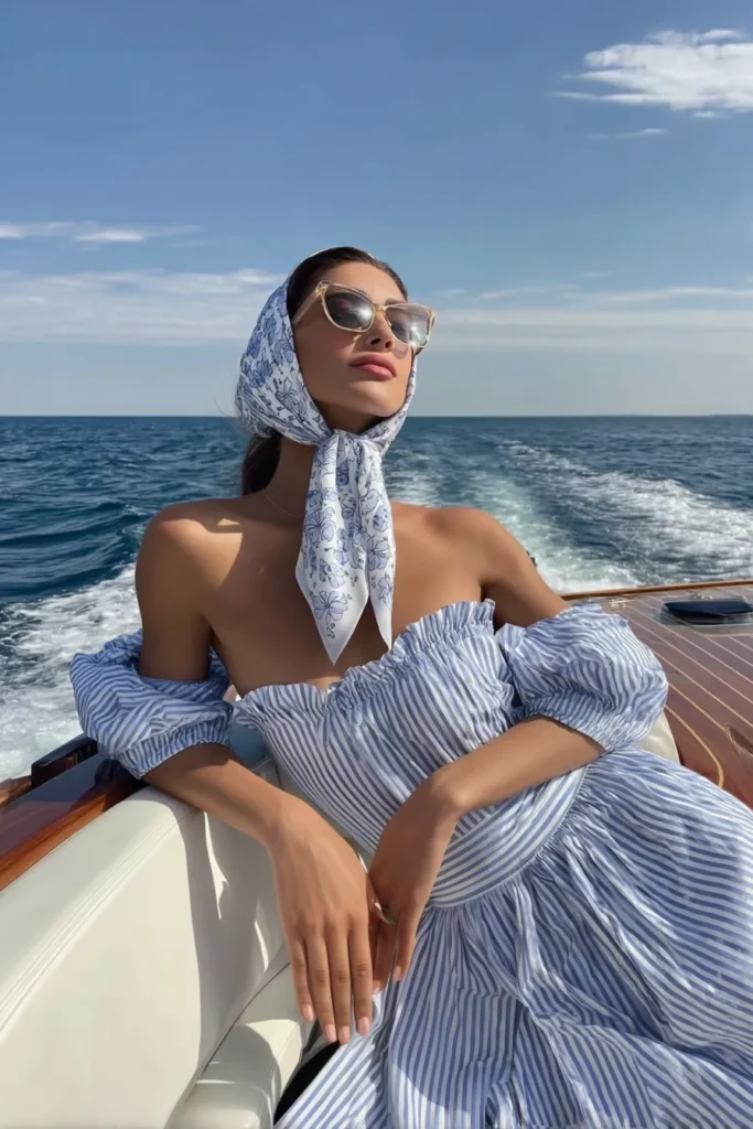 Elegant blue spring summer outfits, striped bardot dress with gathered sleeves and ruffled hem, with blue patterned silk scarf and designer sunglasses for Mediterranean boat aesthetic